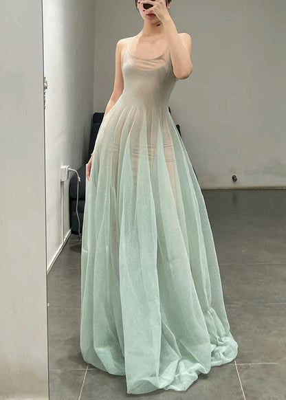 Elegant Light Green O-Neck Tulle Spaghetti Strap Dress Sleeveless KK006