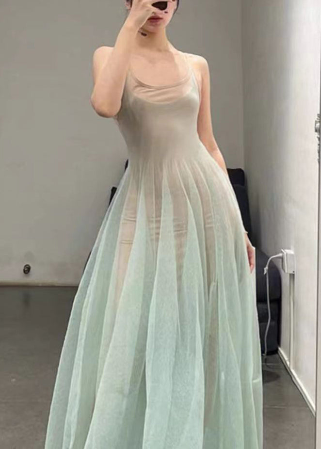 Elegant Light Green O-Neck Tulle Spaghetti Strap Dress Sleeveless KK006