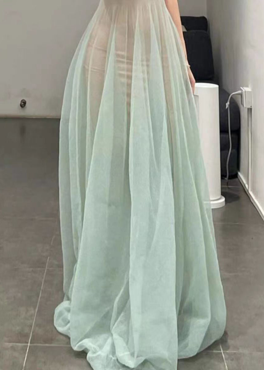 Elegant Light Green O-Neck Tulle Spaghetti Strap Dress Sleeveless KK006