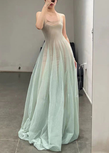 Elegant Light Green O-Neck Tulle Spaghetti Strap Dress Sleeveless KK006