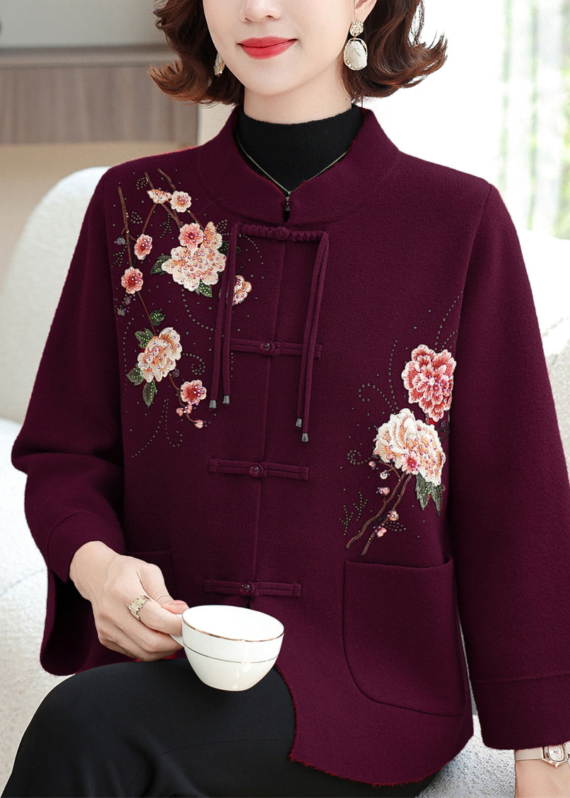 Elegant Mulberry Print Pockets Wool Knit Coats Spring TA029