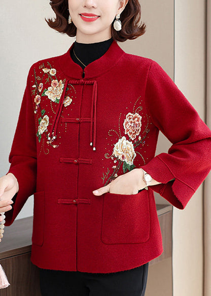 Elegant Mulberry Print Pockets Wool Knit Coats Spring TA029