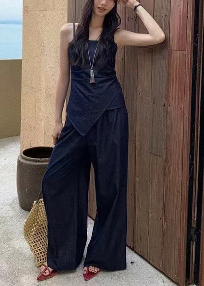Elegant Navy Denim Summer Fit Piece Asymmetrical Silm 2 Outfit