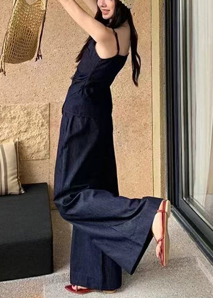 Elegant Navy Denim Summer Fit Piece Asymmetrical Silm 2 Outfit