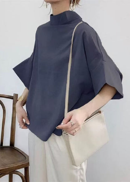 Shirt Navy Elegant Batwing Stand Collar Sleeve Cotton