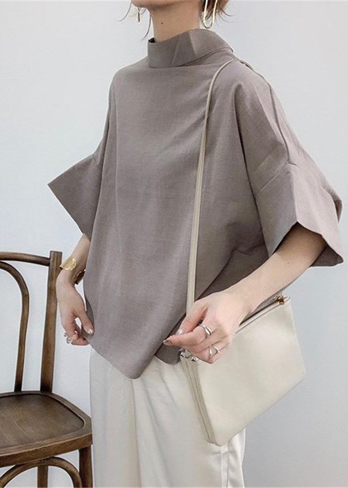 Shirt Navy Elegant Batwing Stand Collar Sleeve Cotton