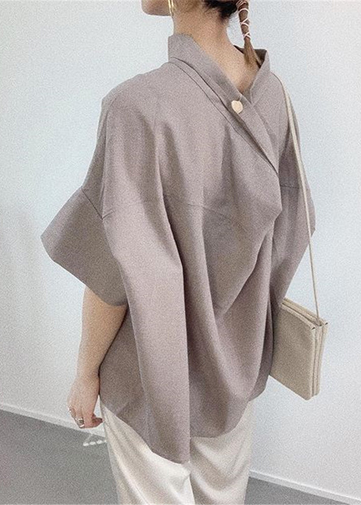 Shirt Navy Elegant Batwing Stand Collar Sleeve Cotton