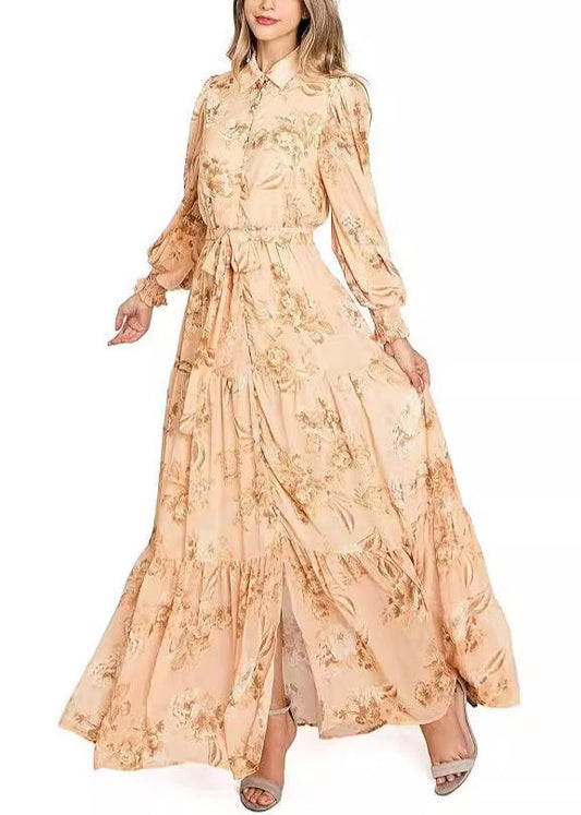 Elegantes oranges Maxikleid aus Baumwolle mit Knopfleiste und langen Ärmeln AU1015