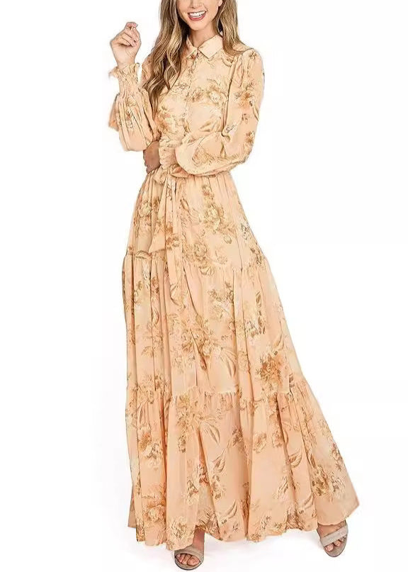 Elegantes oranges Maxikleid aus Baumwolle mit Knopfleiste und langen Ärmeln AU1015