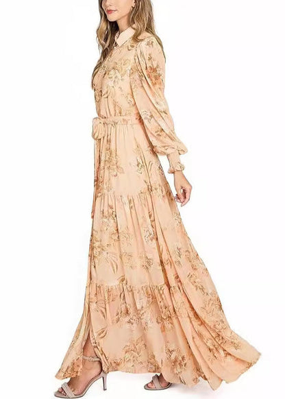 Elegantes oranges Maxikleid aus Baumwolle mit Knopfleiste und langen Ärmeln AU1015