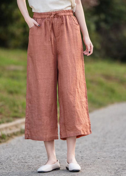 Linen Waist Crop Elastic Elegant Summer Pants Orange