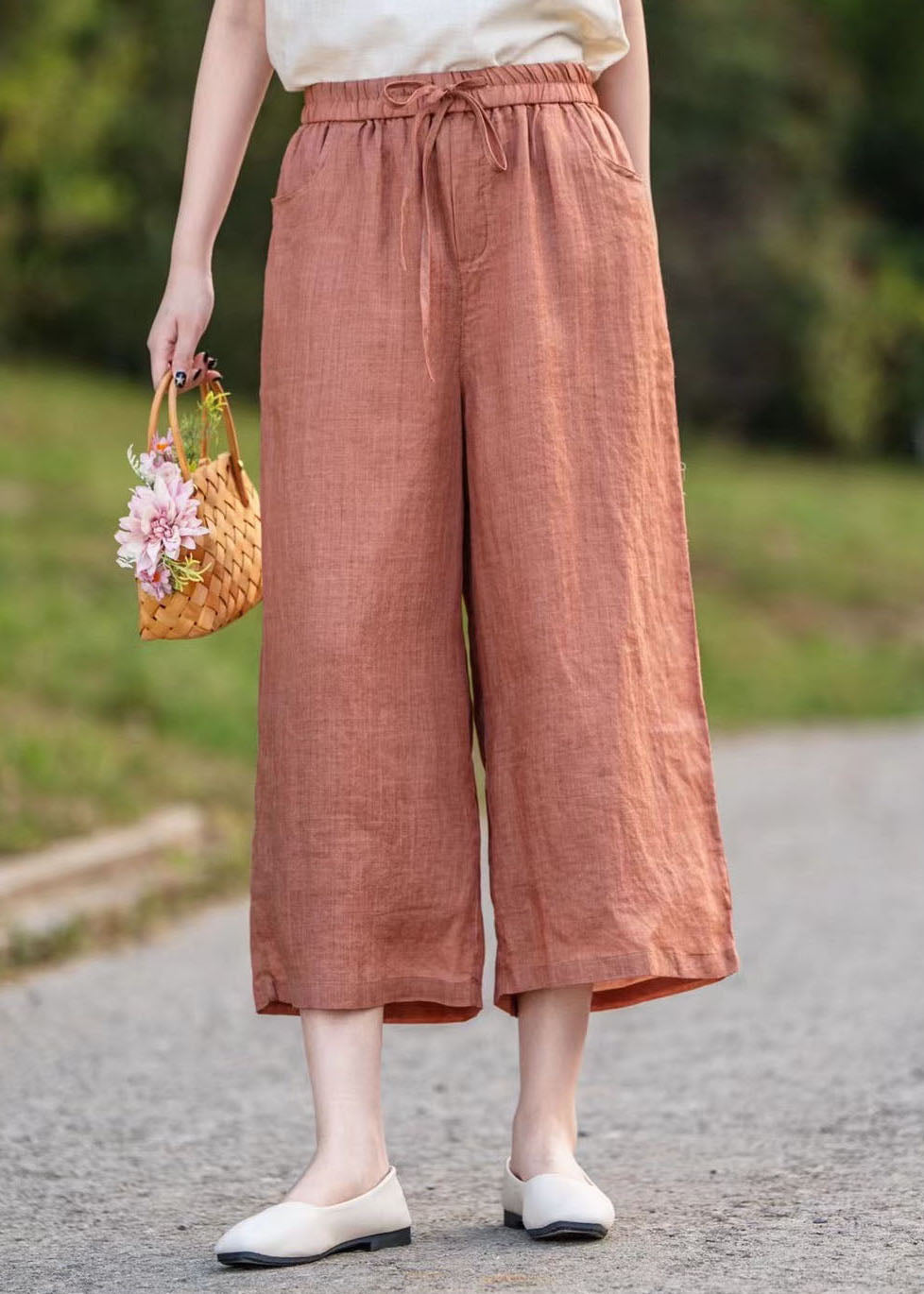 Linen Waist Crop Elastic Elegant Summer Pants Orange