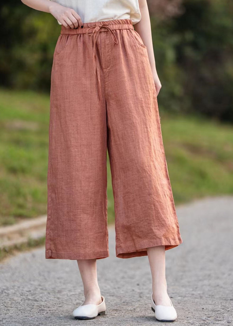 Linen Waist Crop Elastic Elegant Summer Pants Orange