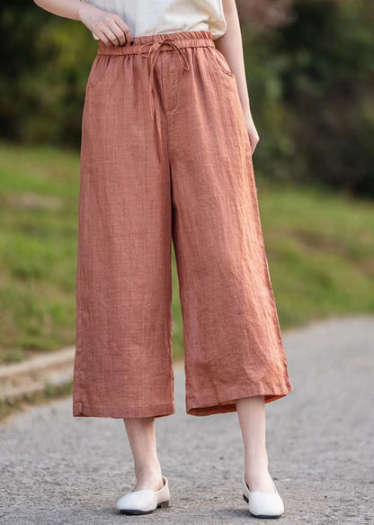 Linen Waist Crop Elastic Elegant Summer Pants Orange
