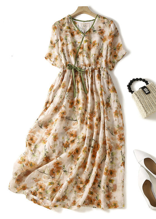 Elegant Orange V Neck Lace Up Print Linen Dresses Summer GG032