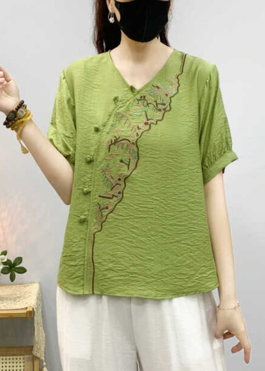 Elegant Pea Green Embroidered Button Linen Shirts Summer RE043