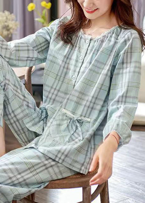 Elegant Pan Plaid Peter Pajamas Two Pieces Set Cotton Bow Collar