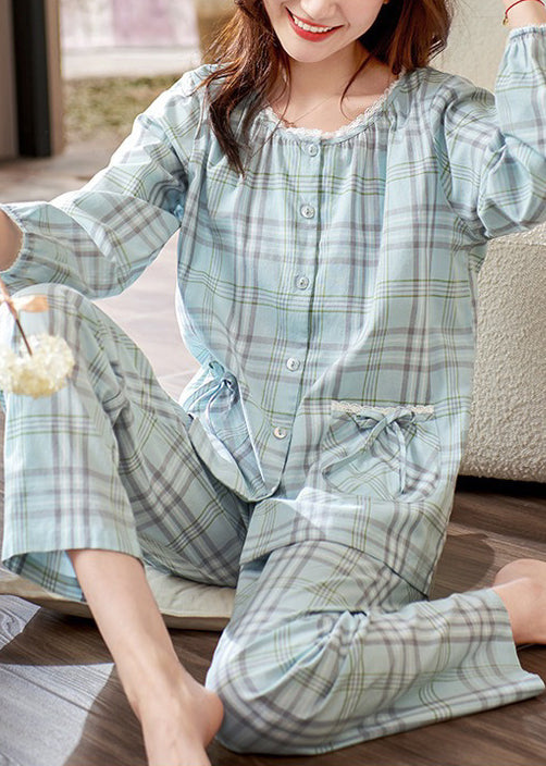 Elegant Pan Plaid Peter Pajamas Two Pieces Set Cotton Bow Collar