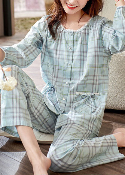 Elegant Pan Plaid Peter Pajamas Two Pieces Set Cotton Bow Collar
