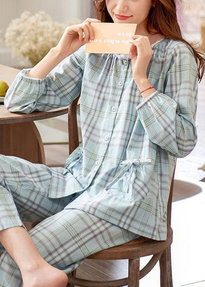 Elegant Pan Plaid Peter Pajamas Two Pieces Set Cotton Bow Collar