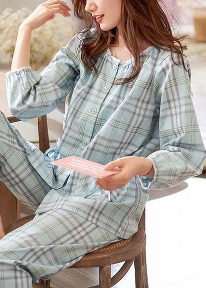 Elegant Pan Plaid Peter Pajamas Two Pieces Set Cotton Bow Collar