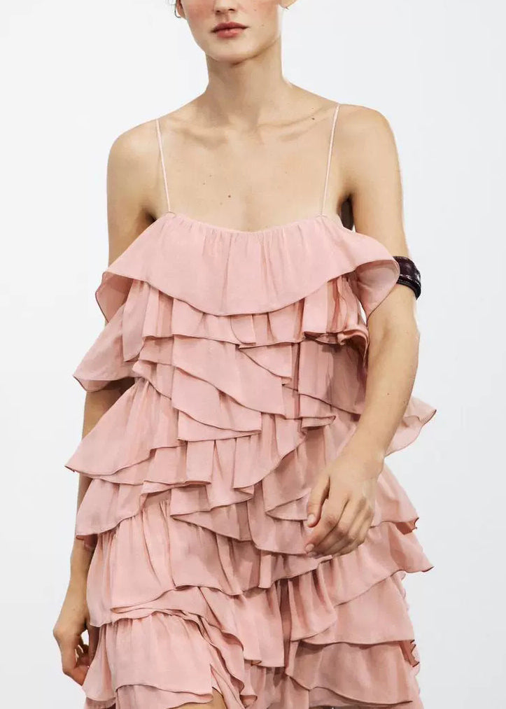 Cotton Pink Backless Elegant Spaghetti Layered Strap Dress