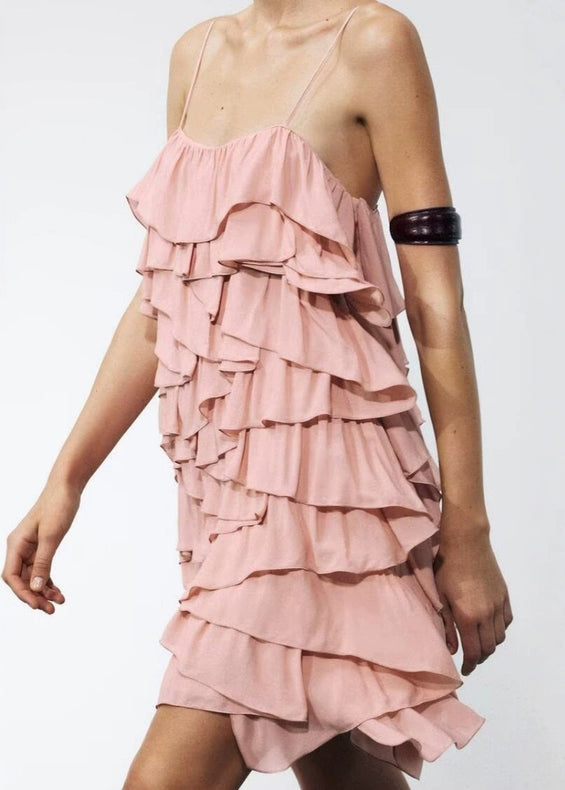 Cotton Pink Backless Elegant Spaghetti Layered Strap Dress