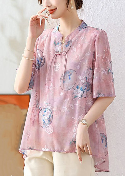 Elegant Pink Chinese Button Print Chiffon Shirt Summer AU1066