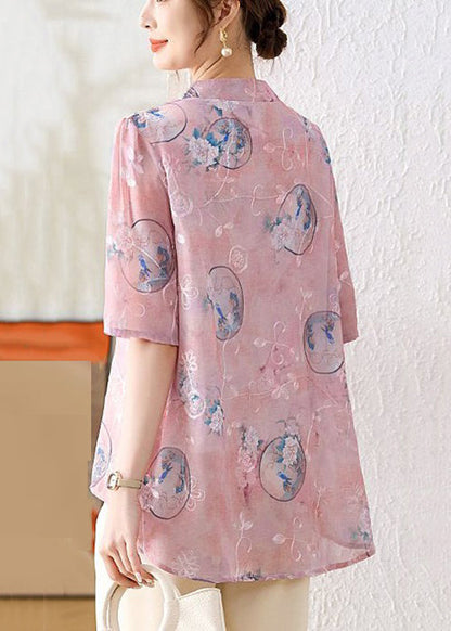 Elegant Pink Chinese Button Print Chiffon Shirt Summer AU1066