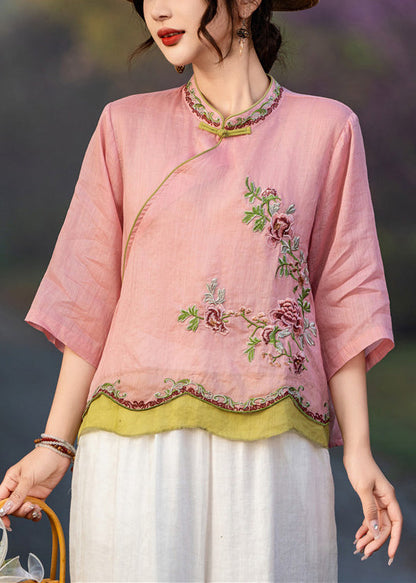 Embroidered Linen Pink Sleeve Elegant Button Shirt Bracelet