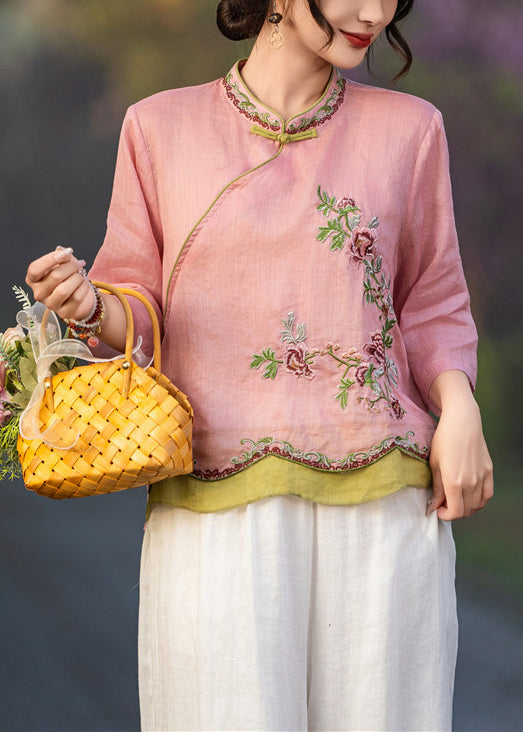 Embroidered Linen Pink Sleeve Elegant Button Shirt Bracelet