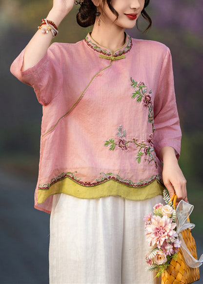 Pink Sleeve Elegant Button Shirt Linen Embroidered Bracelet