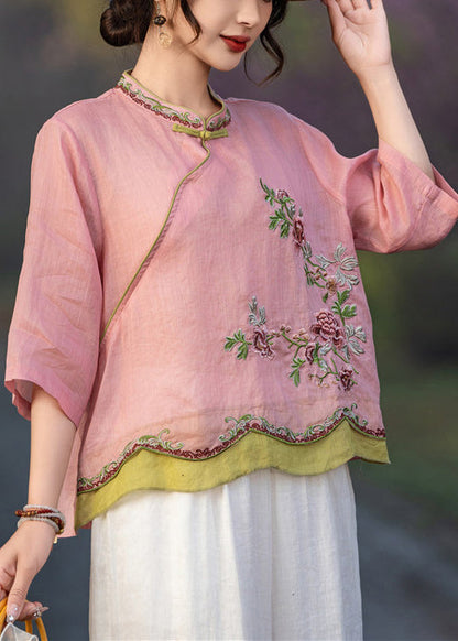 Pink Sleeve Elegant Button Shirt Linen Embroidered Bracelet