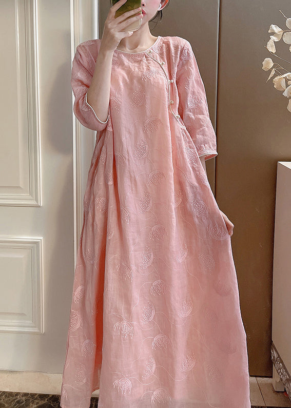Two-Piece Elegant Embroidered Linen Set Sleeve Pink Half Button