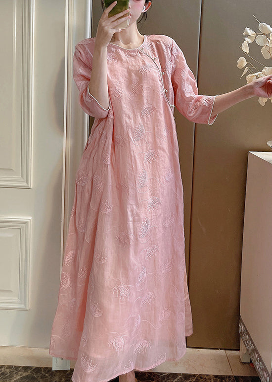 Two-Piece Elegant Embroidered Linen Set Sleeve Pink Half Button