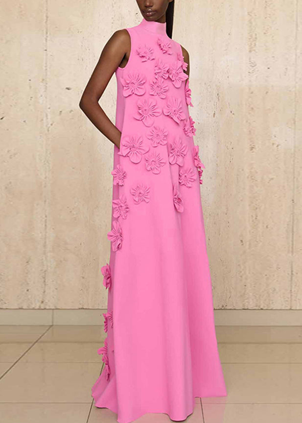 Long Pink Up Sleeveless Floral Cotton Dress Pockets Lace Elegant