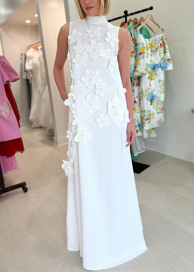 Long Pink Up Sleeveless Floral Cotton Dress Pockets Lace Elegant