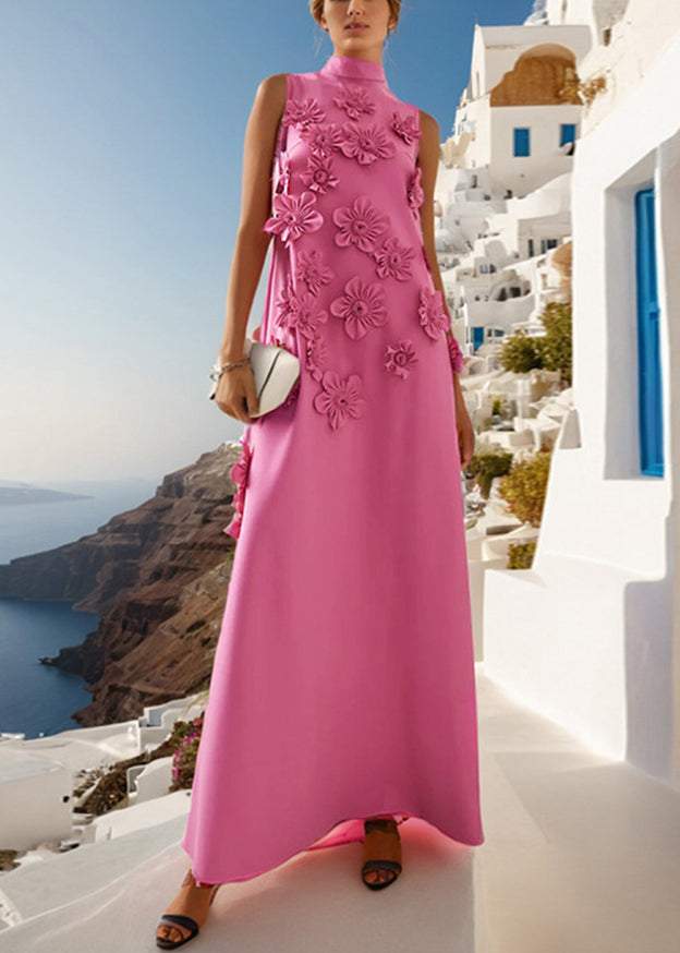 Long Pink Up Sleeveless Floral Cotton Dress Pockets Lace Elegant