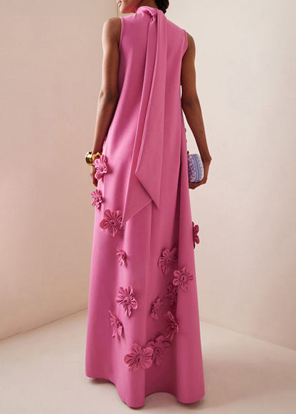 Long Pink Up Sleeveless Floral Cotton Dress Pockets Lace Elegant