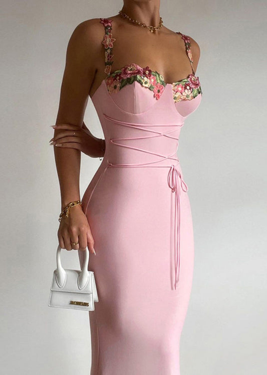 Elegant Floral Strap Patchwork Dress Pink Cotton Spaghetti