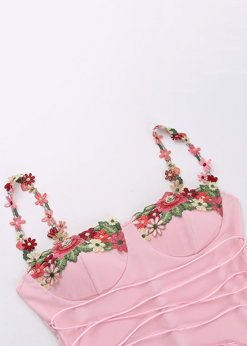 Elegant Floral Strap Patchwork Dress Pink Cotton Spaghetti