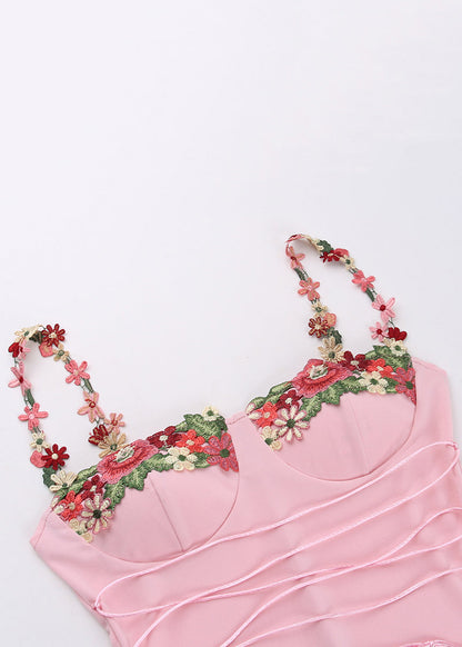 Elegant Floral Strap Patchwork Dress Pink Cotton Spaghetti
