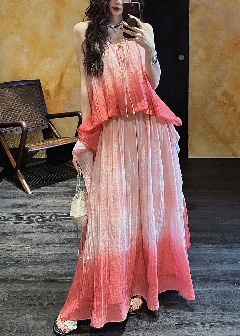 Long Pink Silk Elegant Ruffled Linen Color Gradient Dress