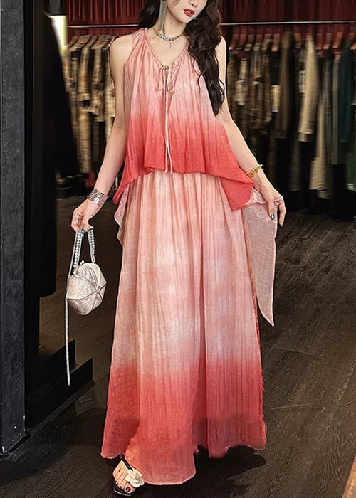 Long Pink Silk Elegant Ruffled Linen Color Gradient Dress