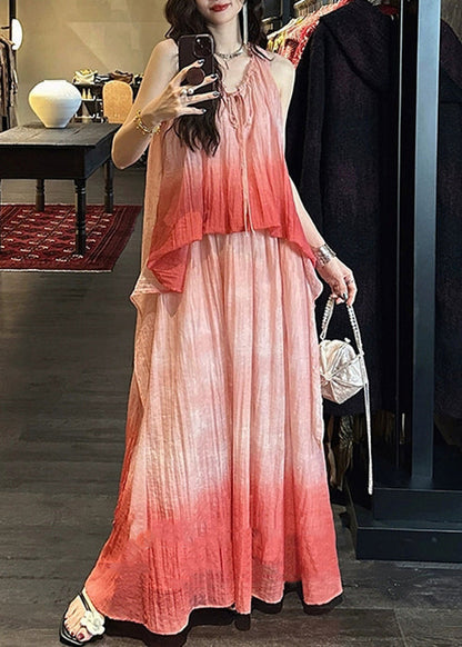Long Pink Silk Elegant Ruffled Linen Color Gradient Dress