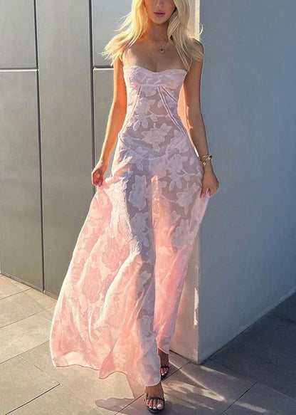 Lace Pink Sleeveless Elegant Up Spaghetti Strap Dress