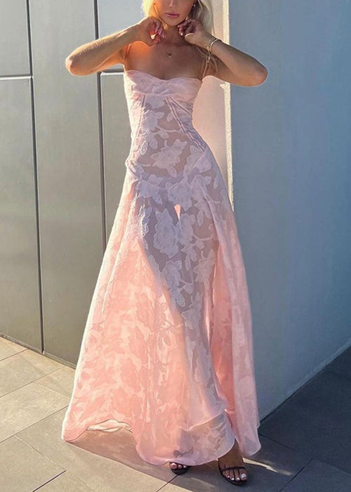 Lace Pink Sleeveless Elegant Up Spaghetti Strap Dress