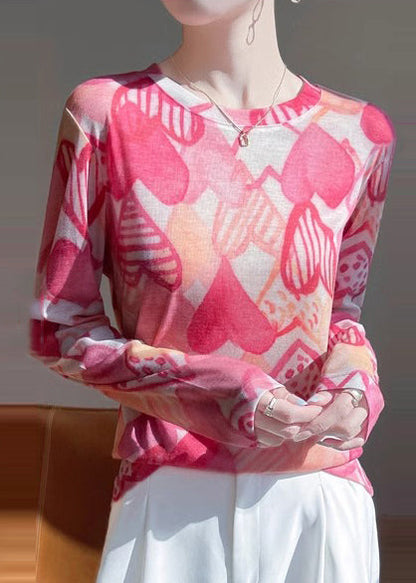 O-Neck Print Elegant Fall Pink Top UPF Shirt Cotton 50+