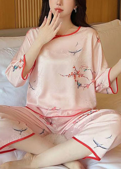 Elegant Pink O Neck Print Ice Silk Pajamas Two Pieces Set Half Sleeve YK004