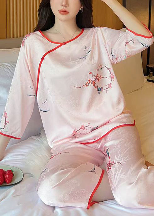 Elegant Pink O Neck Print Ice Silk Pajamas Two Pieces Set Half Sleeve YK004